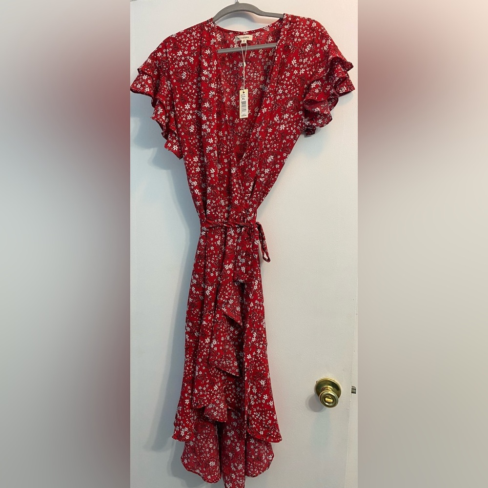 MAX STUDIO Red Wrap Dress Ruffles and high/low hem